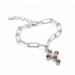 Pink Mother of Pearl Cross Charm Bracelet - Solid .925 Sterling Silver